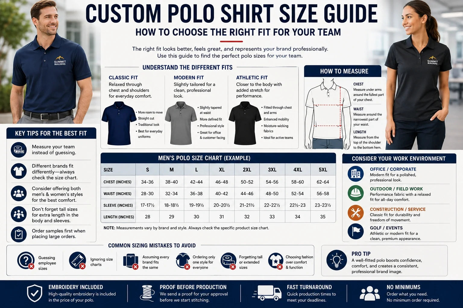Illustrated custom polo shirt size guide showing classic, modern, and athletic fits with measuring tips and size chart