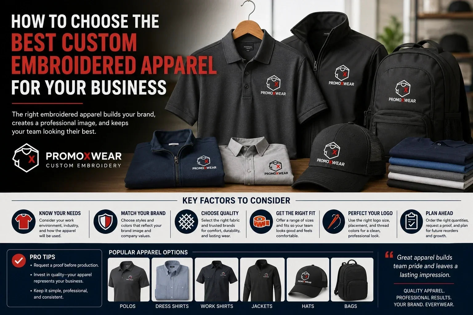 Custom embroidered polos, jackets, hats, bags, and workwear for business branding