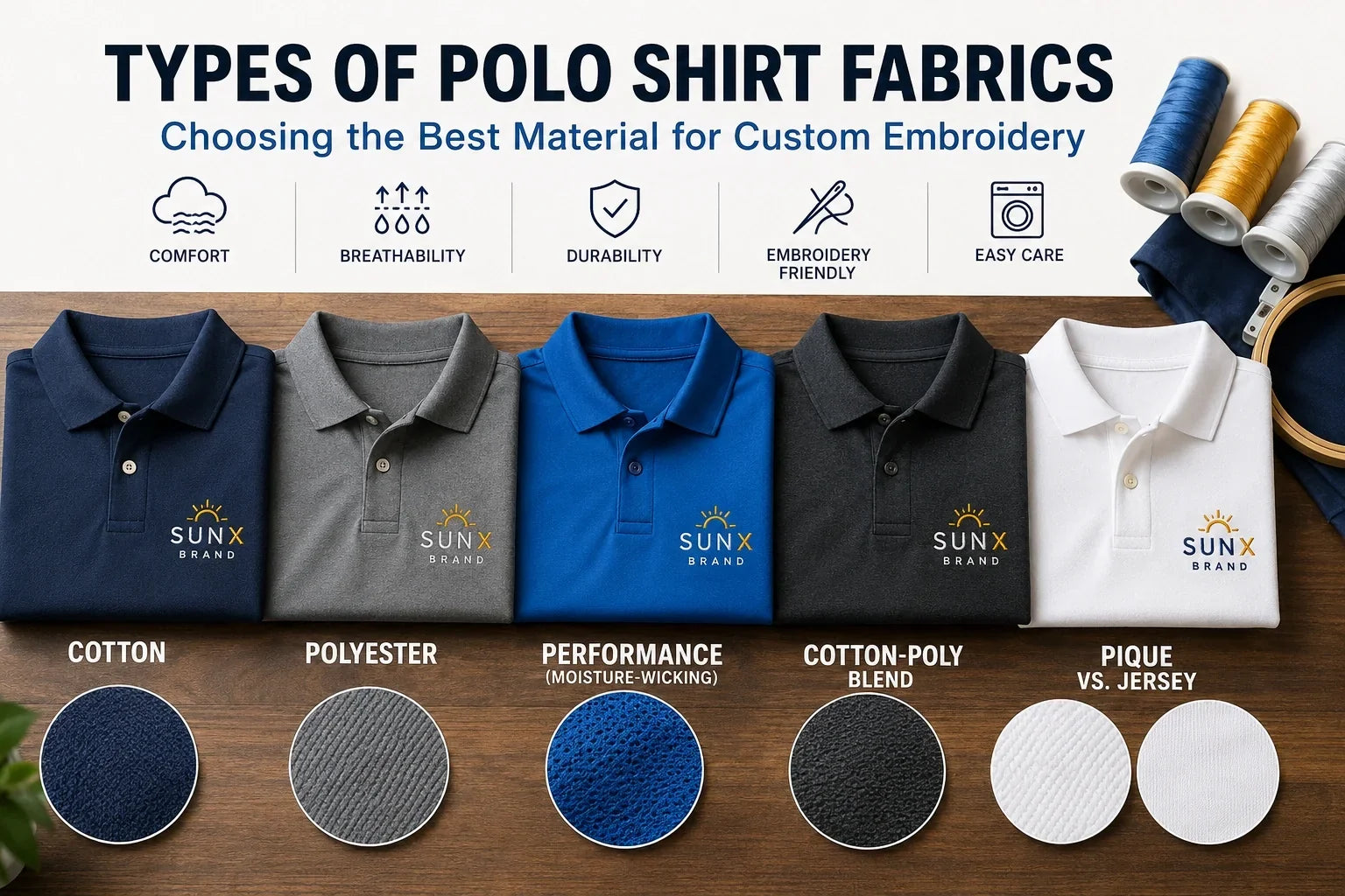 Different types of polo shirt fabrics including cotton, polyester, performance, cotton-poly blend, and pique for custom embroidery