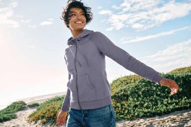 Allmade Women’s Organic CVC Fleece Full-Zip Hoodie with custom logo embroidery