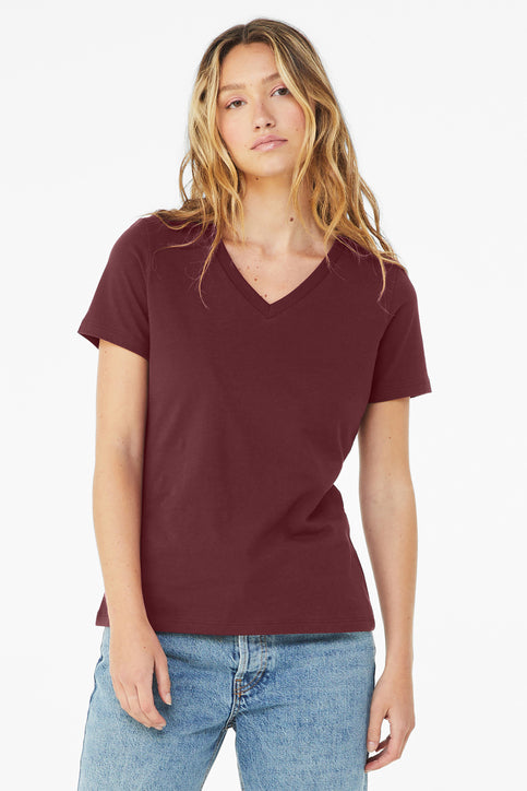 BELLA+CANVAS Women’s Relaxed Jersey Short Sleeve V-Neck Tee with custom logo embroidery