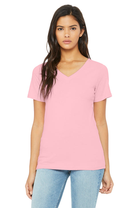BELLA+CANVAS Women’s Relaxed Jersey Short Sleeve V-Neck Tee with custom logo embroidery