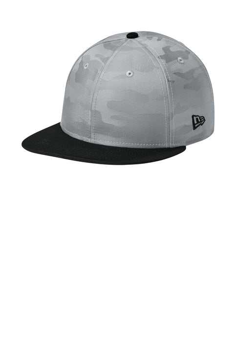 New Era Camo Flat Bill Snapback Cap with custom logo embroidery