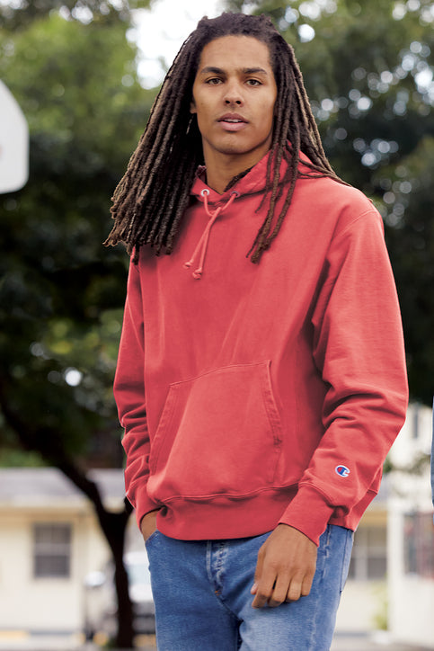 Champion Reverse Weave Garment-Dyed Hooded Sweatshirt with custom logo embroidery