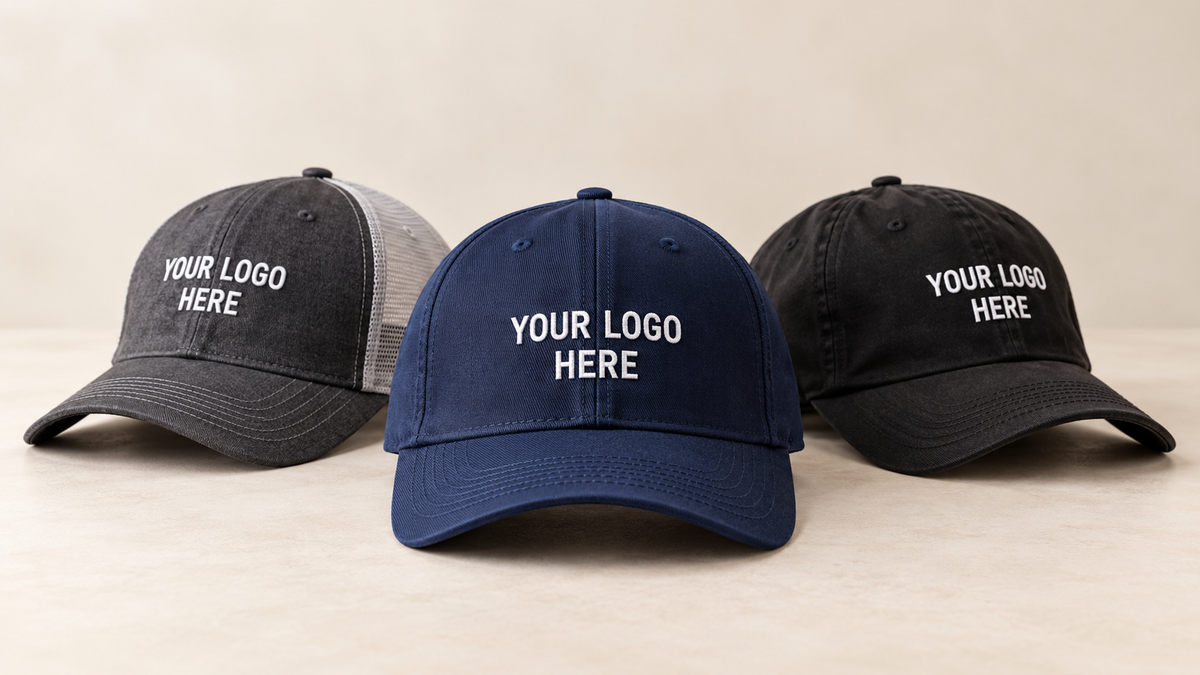 Close-up of logo embroidery on a hat