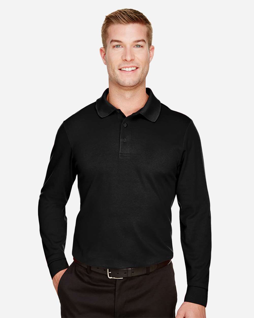 Devon & Jones Men's Tall CrownLux Performance® Plaited Long Sleeve Polo with custom logo embroidery