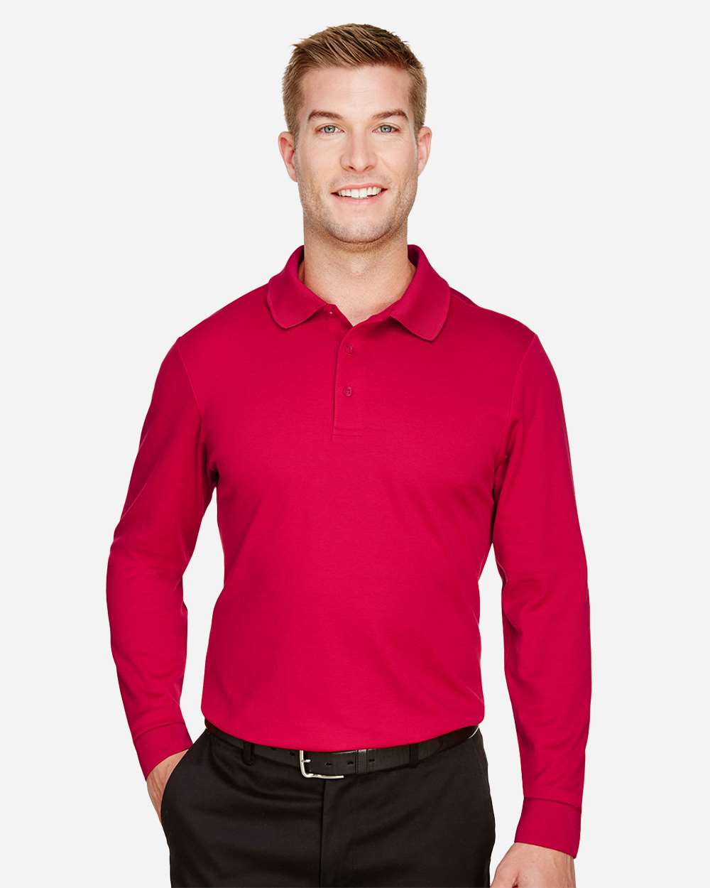 Devon & Jones Men's Tall CrownLux Performance® Plaited Long Sleeve Polo with custom logo embroidery