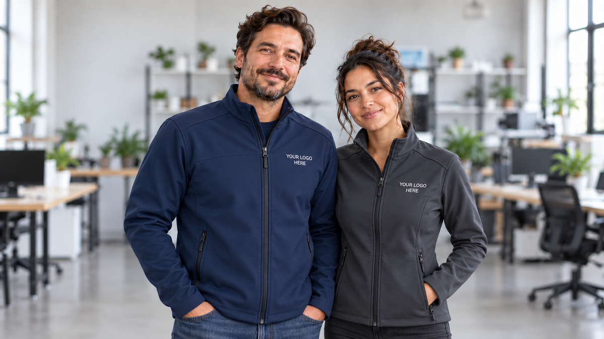 Close-up of logo embroidery on a jacket