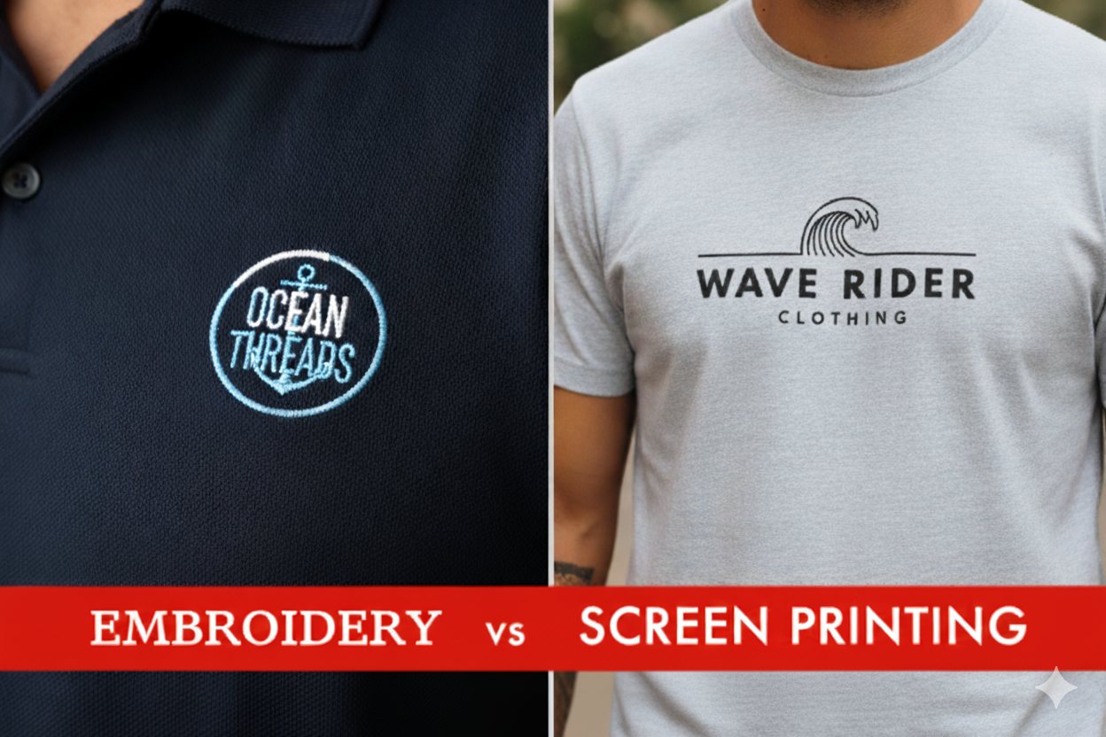 Close-up comparison of a custom embroidered logo on a navy polo shirt next to a screen-printed logo on a grey t-shirt, clearly showing the difference in texture and finish.