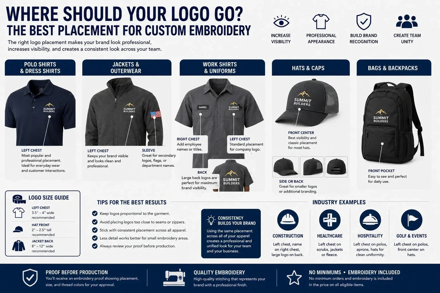 Illustrated guide showing the best embroidery logo placement for polos, jackets, work shirts, hats, and backpacks