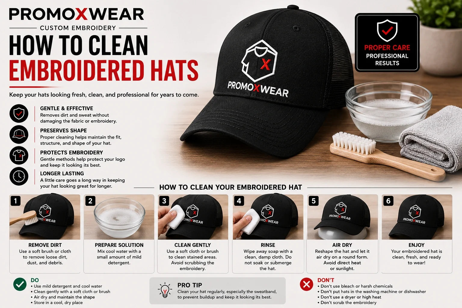 PROMOXWEAR embroidered hat being cleaned with mild soap and a soft brush