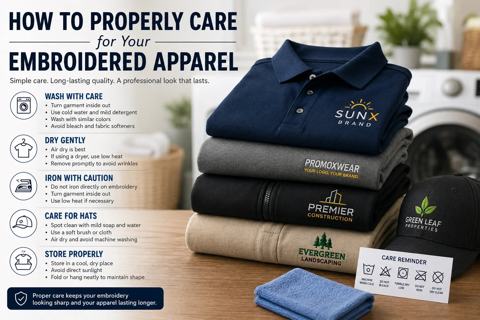 Proper care tips for embroidered polos, jackets, hats, and workwear