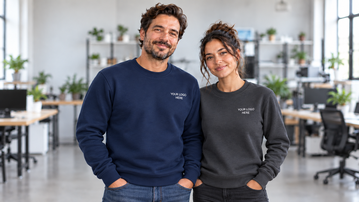 Close-up of logo embroidery on a sweatshirt or hoodie