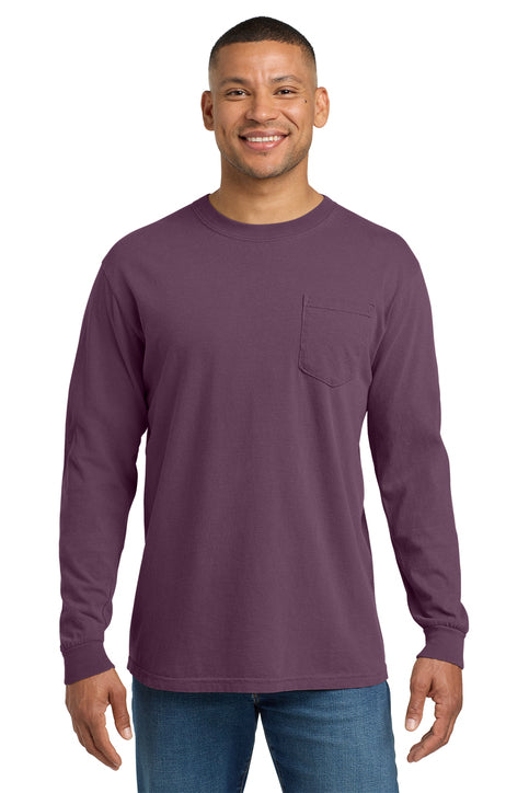 Comfort Colors Heavyweight Ring Spun Long Sleeve Pocket Tee with custom logo embroidery