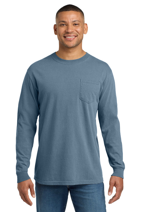 Comfort Colors Heavyweight Ring Spun Long Sleeve Pocket Tee with custom logo embroidery