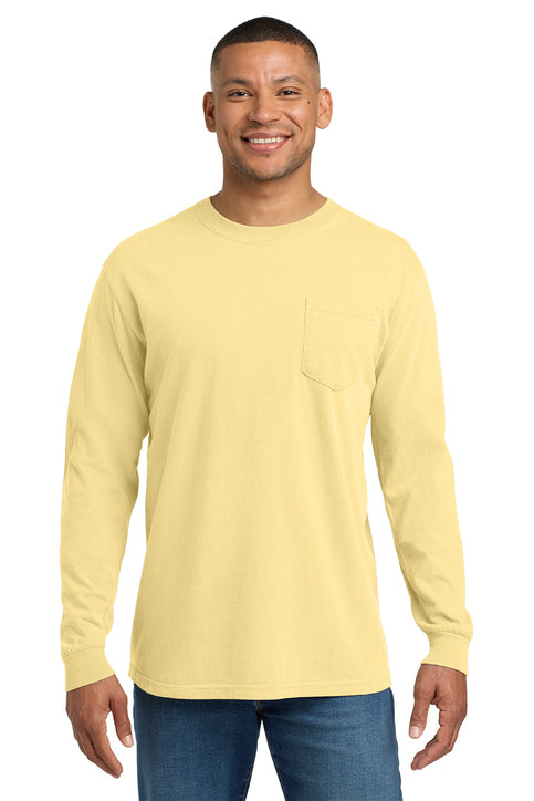 Comfort Colors Heavyweight Ring Spun Long Sleeve Pocket Tee with custom logo embroidery