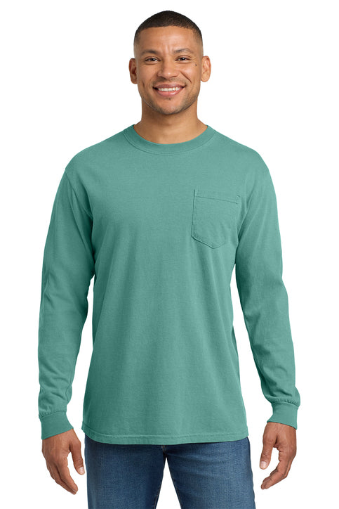 Comfort Colors Heavyweight Ring Spun Long Sleeve Pocket Tee with custom logo embroidery