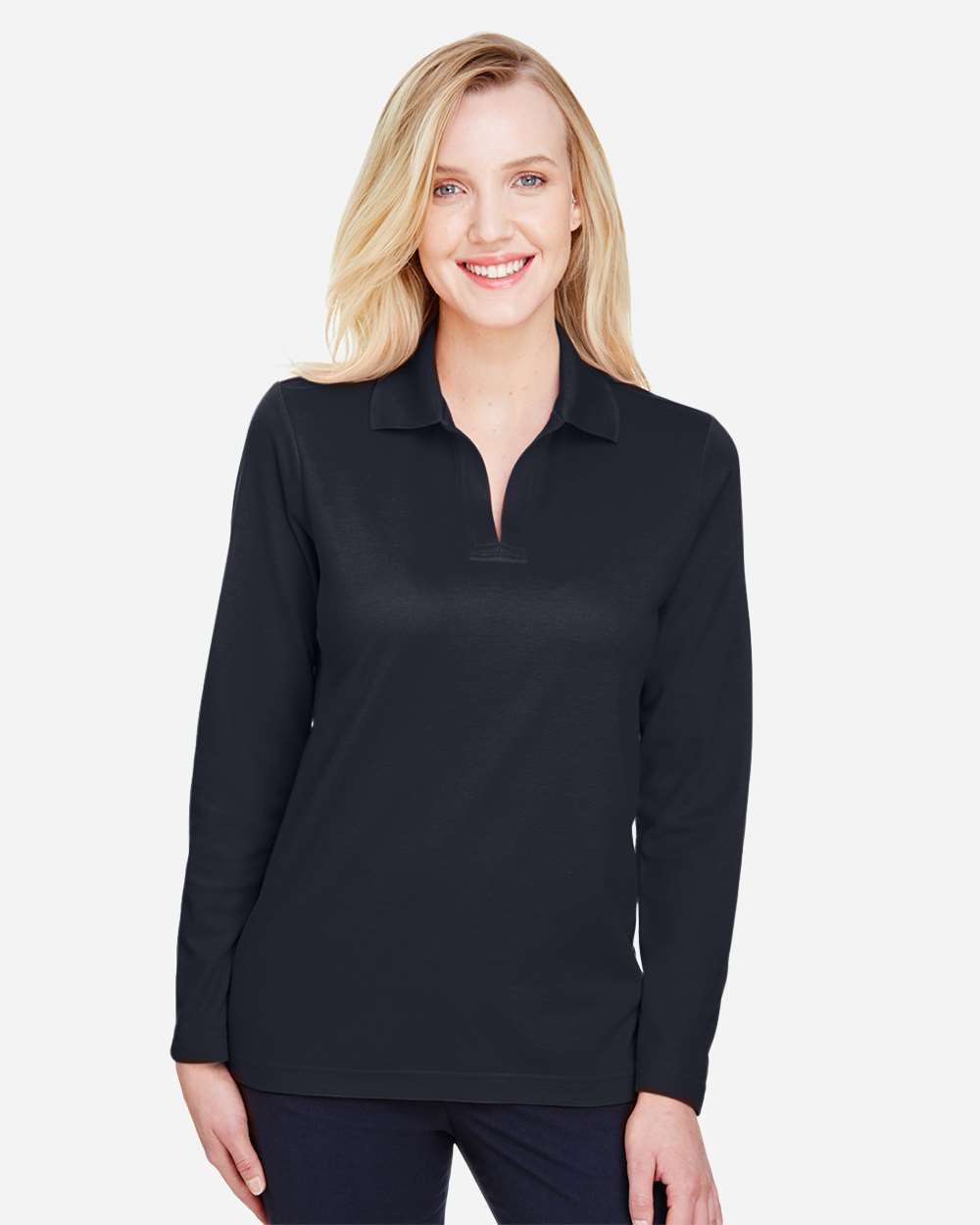 Devon & Jones Women's CrownLux Performance® Plaited Long Sleeve Polo with custom logo embroidery