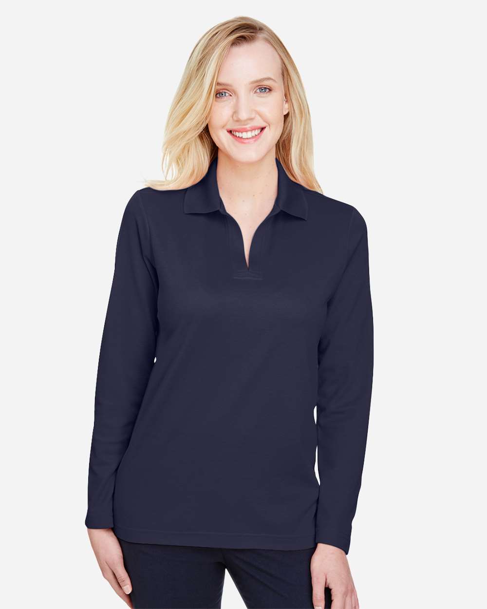Devon & Jones Women's CrownLux Performance® Plaited Long Sleeve Polo with custom logo embroidery