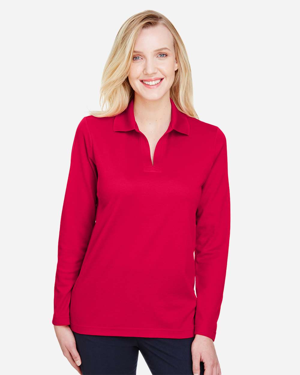 Devon & Jones Women's CrownLux Performance® Plaited Long Sleeve Polo with custom logo embroidery