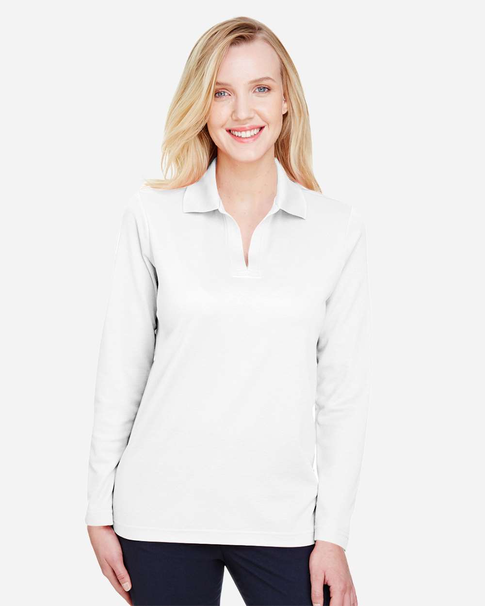Devon & Jones Women's CrownLux Performance® Plaited Long Sleeve Polo with custom logo embroidery
