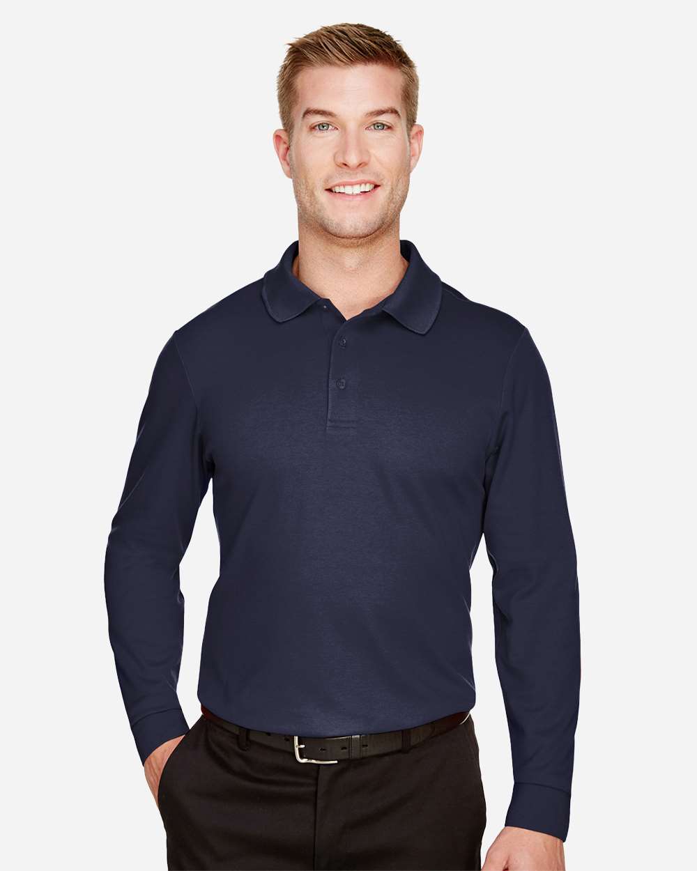 Devon & Jones Men's Tall CrownLux Performance® Plaited Long Sleeve Polo with custom logo embroidery