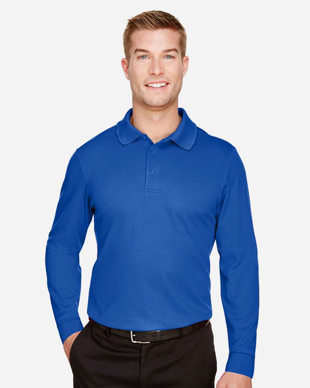 Devon & Jones Men's Tall CrownLux Performance® Plaited Long Sleeve Polo with custom logo embroidery
