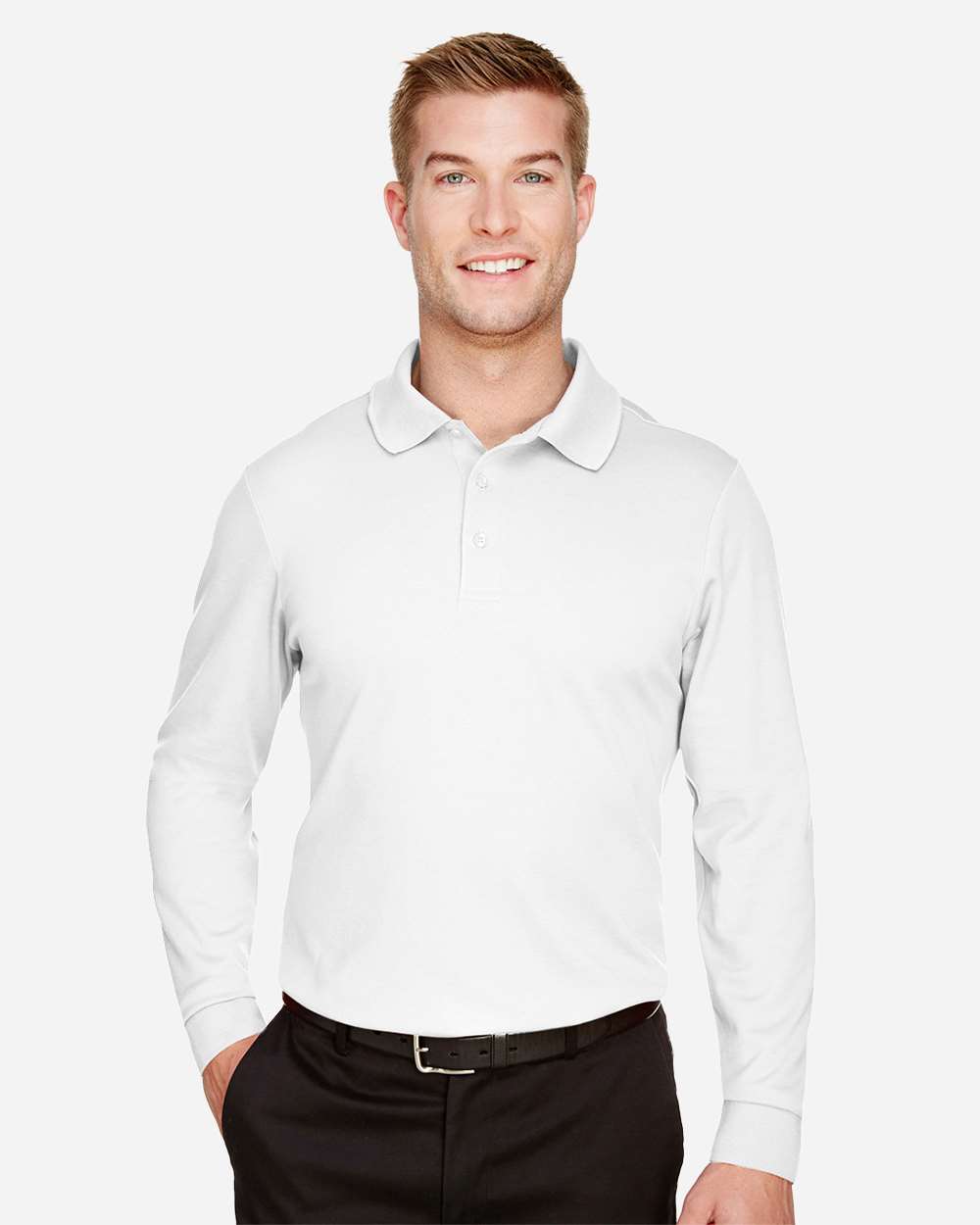 Devon & Jones Men's Tall CrownLux Performance® Plaited Long Sleeve Polo with custom logo embroidery
