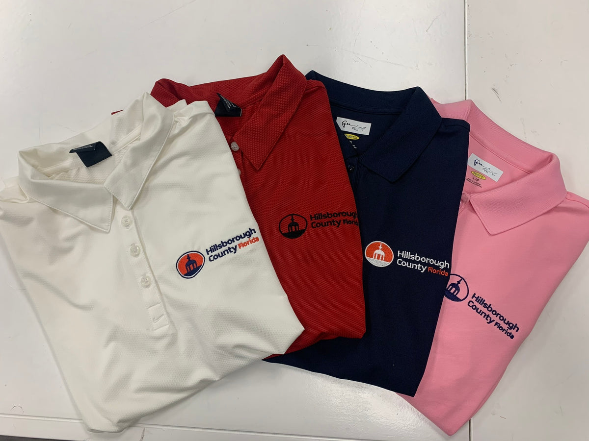 Close-up of a professionally embroidered logo on a polo