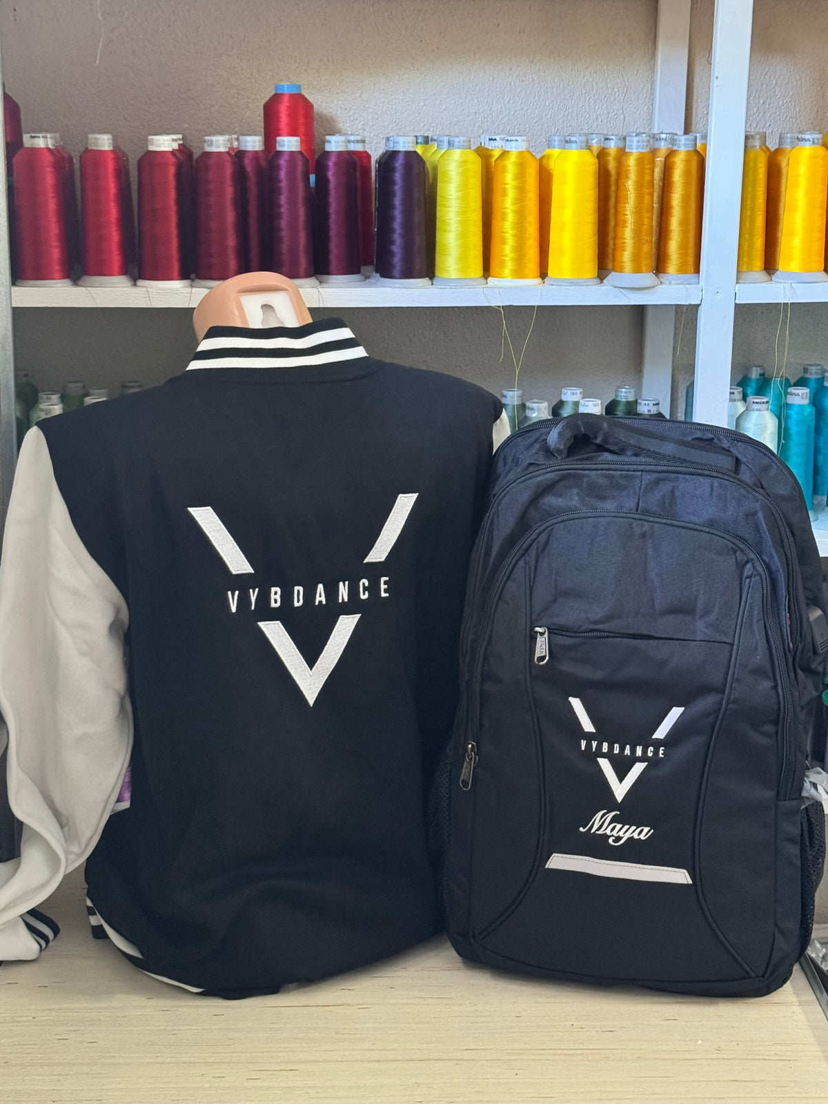 Close-up of logo embroidery on a bag