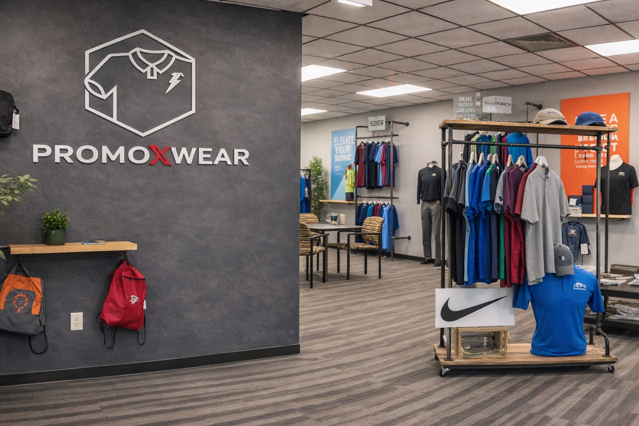 Promotional wear store with 'PromoXWear' branding on a wall, displaying various clothing and bags.