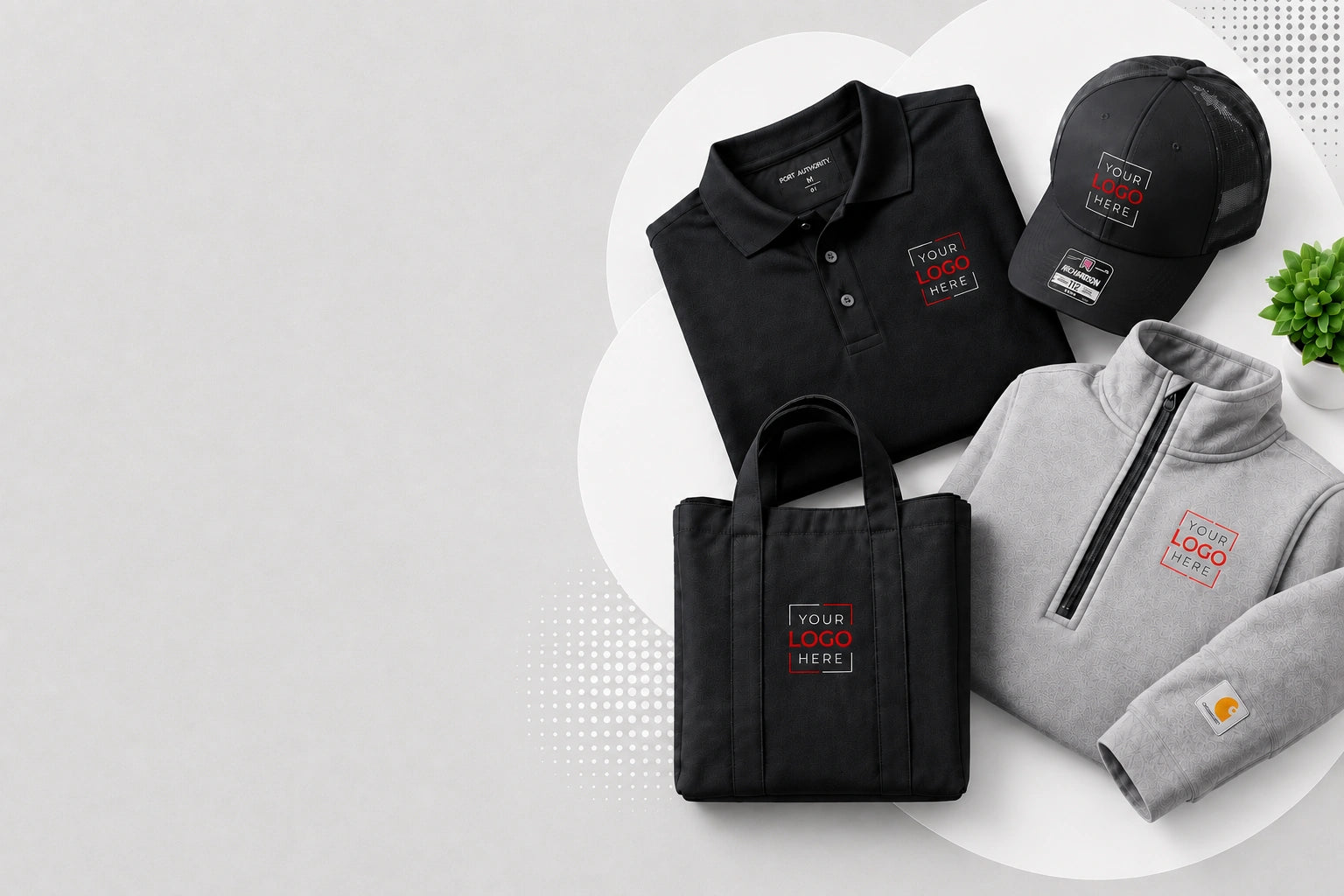 Custom embroidered apparel for businesses including polos jackets hats and bags