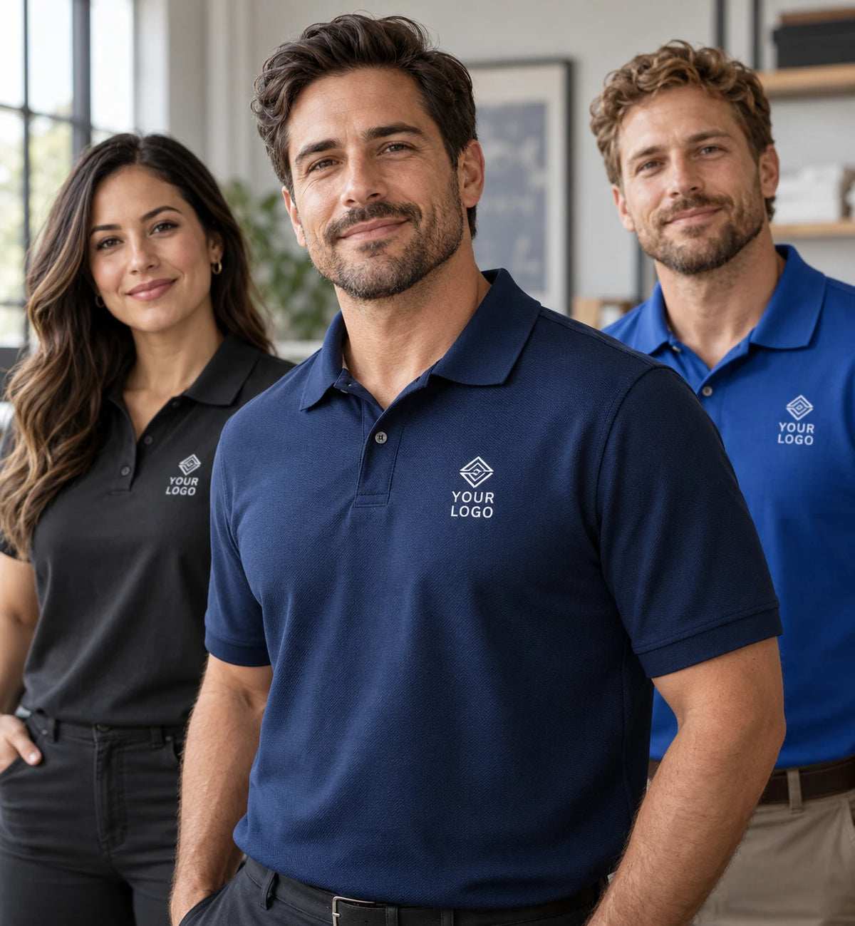 Team wearing custom embroidered polo shirts