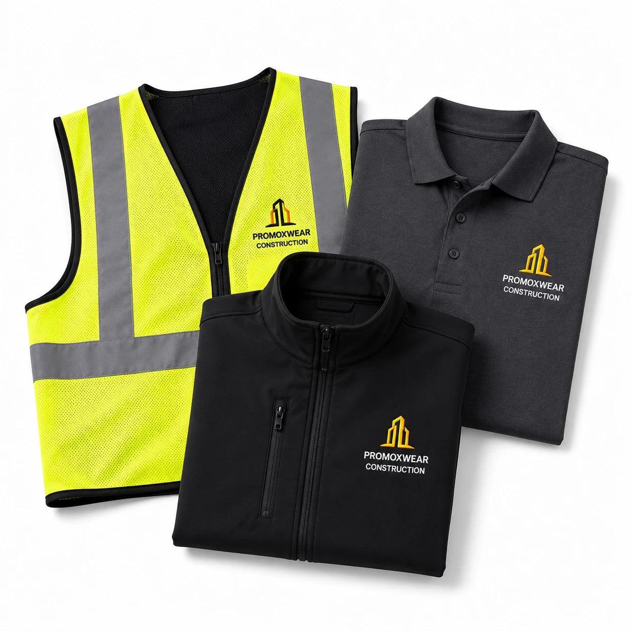 Construction workwear with logo embroidery including hi-vis safety vest, soft shell jacket, and polo shirt