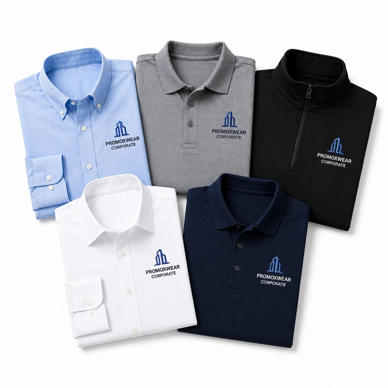 Custom corporate apparel with logo including dress shirts, polos and quarter zip pullovers