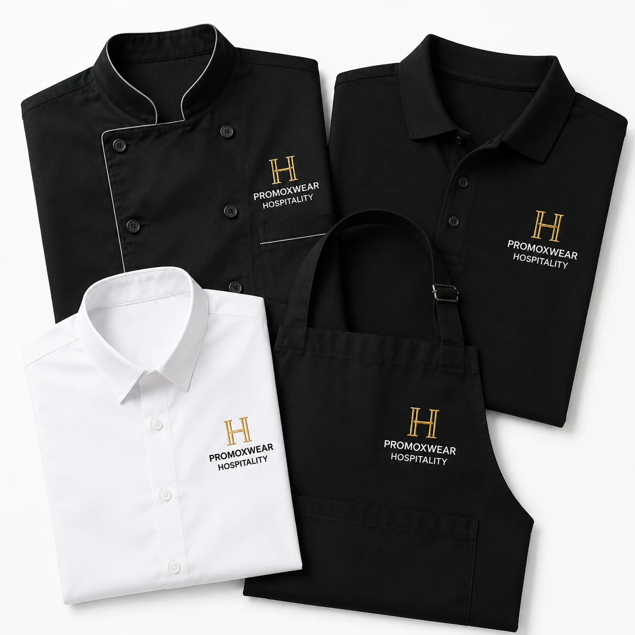 Custom hospitality uniforms with logo including chef coats, polos, dress shirts and aprons